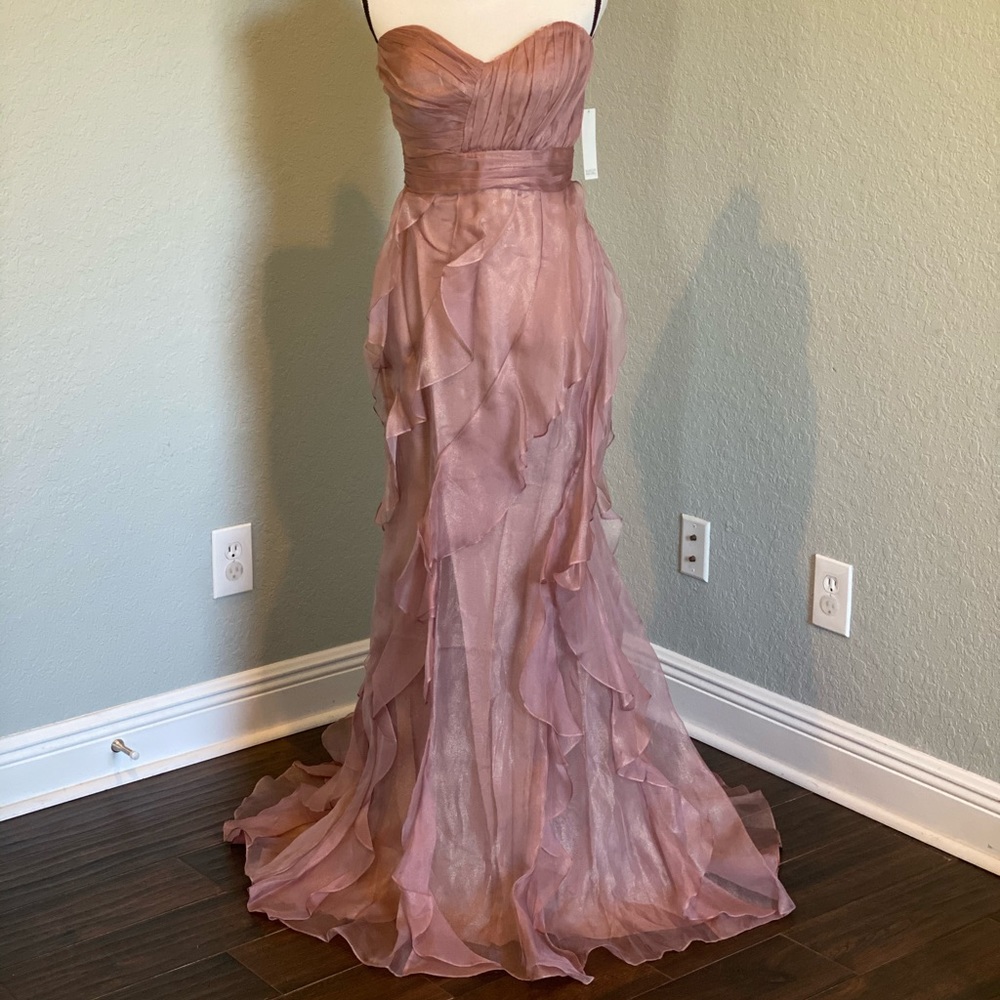 Badgley Mischka Dusty Rose Strapless Ruffled Prom Gown